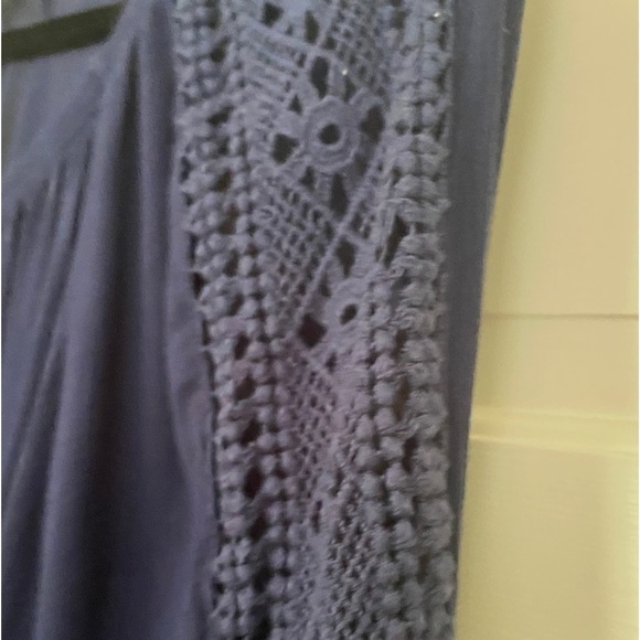 Bohemian Cotton Blouse Navy Blue Ruffle Hem Open Round Neck - Picture 5 of 8